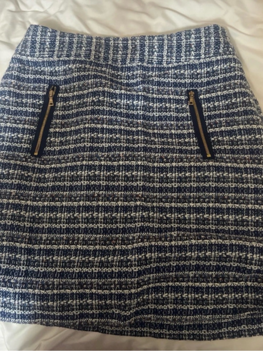 LOFT Blue and White Tweed Mini Skirt with Zip Accents